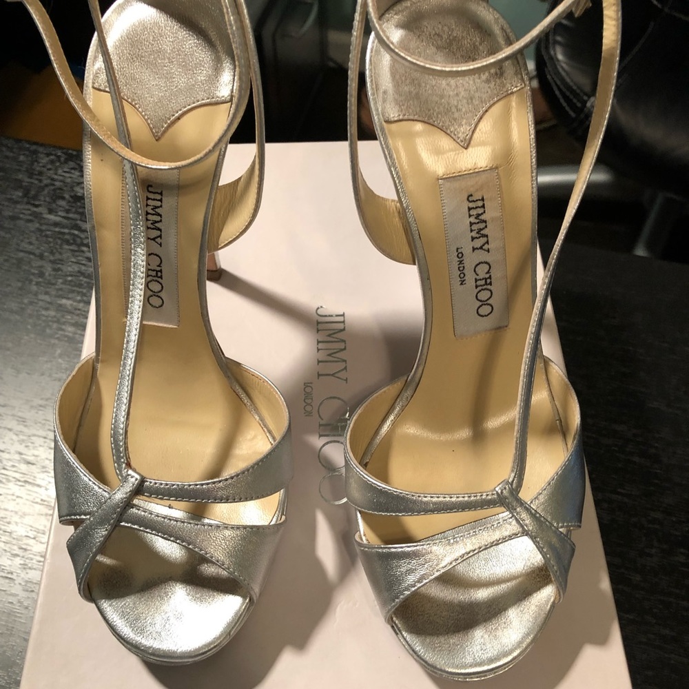 JIMMY CHOO Metallic Silver Strappy Stilettos
